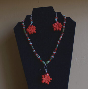 Rosie Crafts Polymer Clay Christmas Poinsettia Earrings and Necklace Set